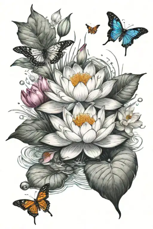 Lotus Flower On Water With Butterflies