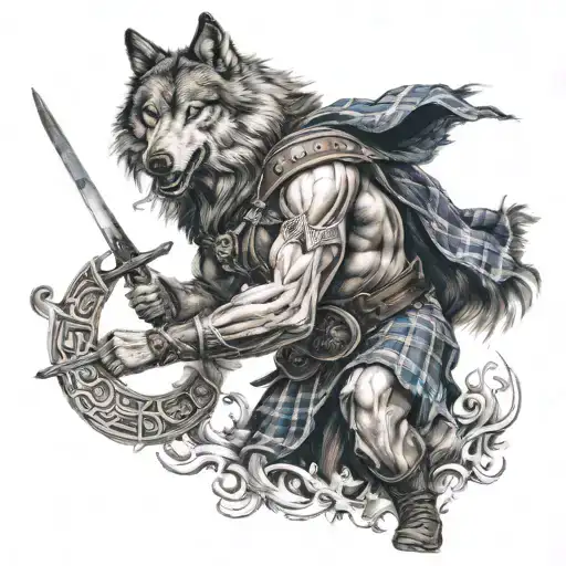 Scottish Warrior Fighting Wolf To The Death