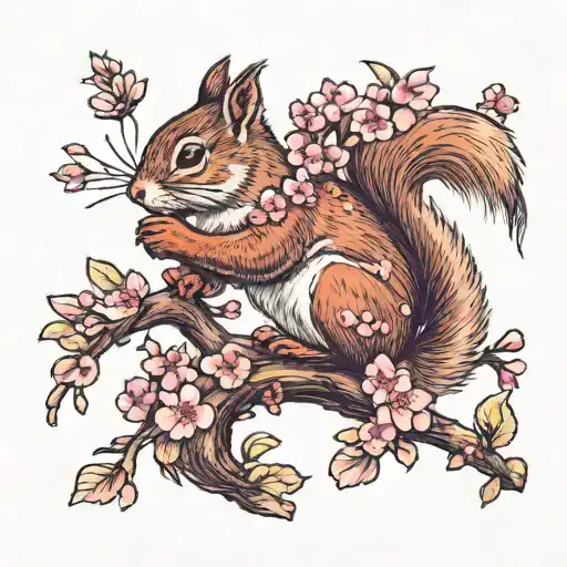 Adorable Squirrel With Cherry Blossom Flowers Of February