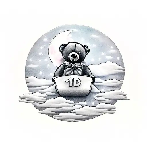 Teddy Bear On Sled In Clouds With Moon