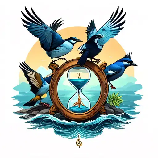 Birds At The Top Followed By An Hourglass With A Compass At The Bottom