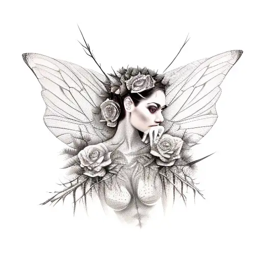 Woman With Moth Wings Wrapped In Thorns Of Roses