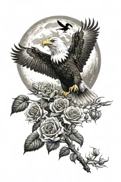 Bald Eagle Flying Over A Wolf Standing Inna Field Of Sunflowers And Roses With A Full Moon