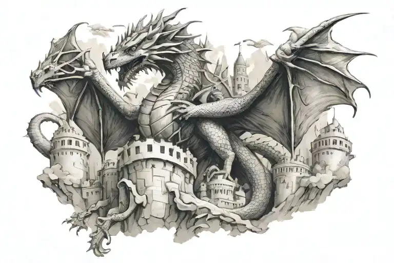 Mideivle Dragon On A Castle Surrounded