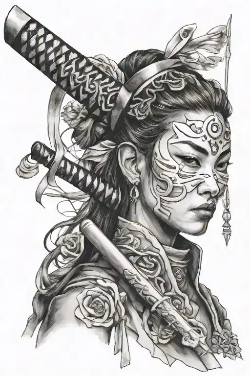 Sumurai Woman Holding A Mask And A Katana