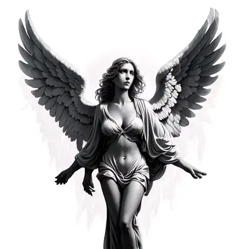 Female Angel With Wings Spread Black And Grey