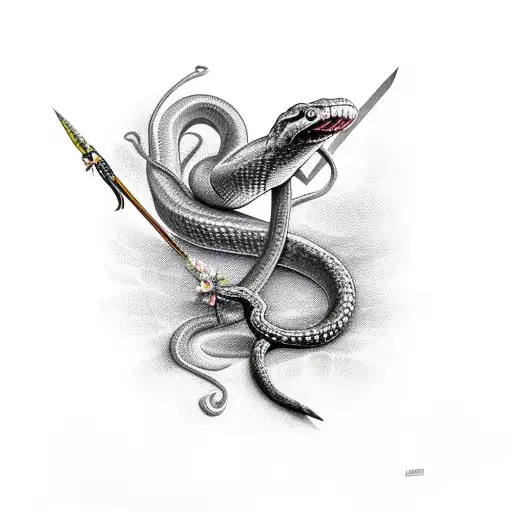 Snake Wrapped Around A Sword With Daffodils And Lilly Of The Valley