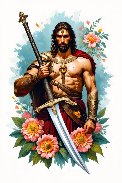 Greek Warrior Wielding A Sword With Flowers Underneath And Modern War Theme