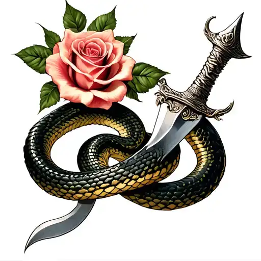 Dagger In A Snake With Roses On The Sides
