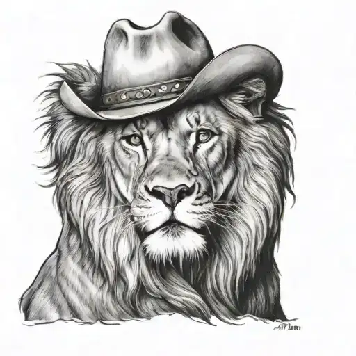 Lion With A Cowboy Hat On Head