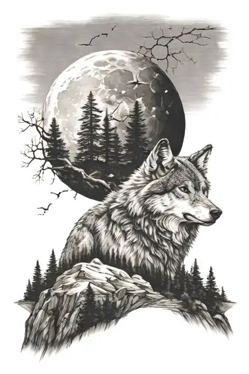 Wolf In Nature With Trees And Mountains And The Moon And A Cross On Top Of The Mountain