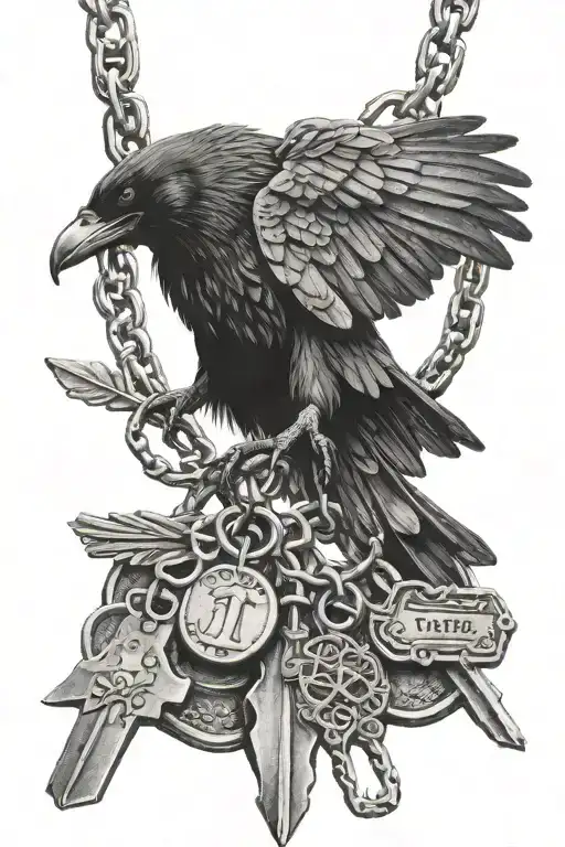 Raven Flying Holding Dog Tags Attached To Chain With There Talons