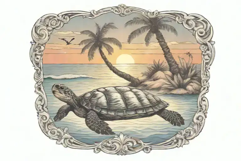 Turtle Sunset Palm Tree Ocean Scene