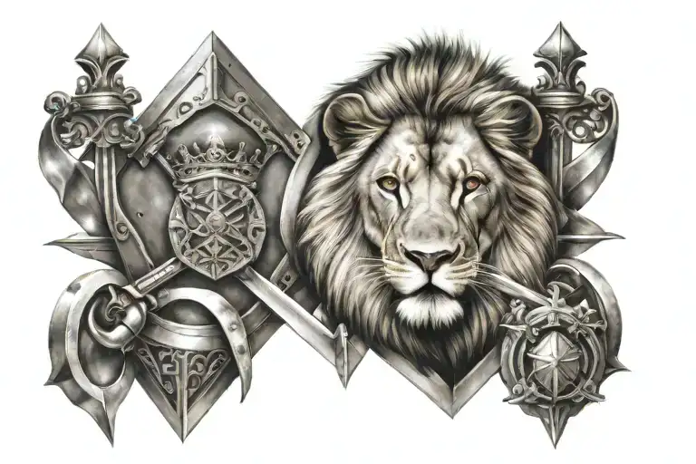 Realistic Lion In The Middle Of A Diamond With Crossed Swords