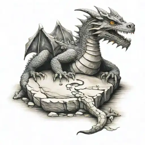 A Dragon Sits On A Stone With A Child's Footprint On It