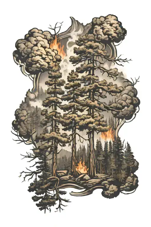 Wildland Fire In A Pine Tree Forest Landscape