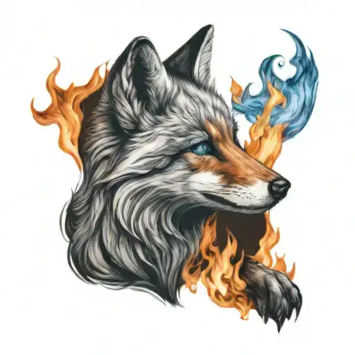 Silver Fox With Bright Blue Eyes Sitting In Front Of A Fire