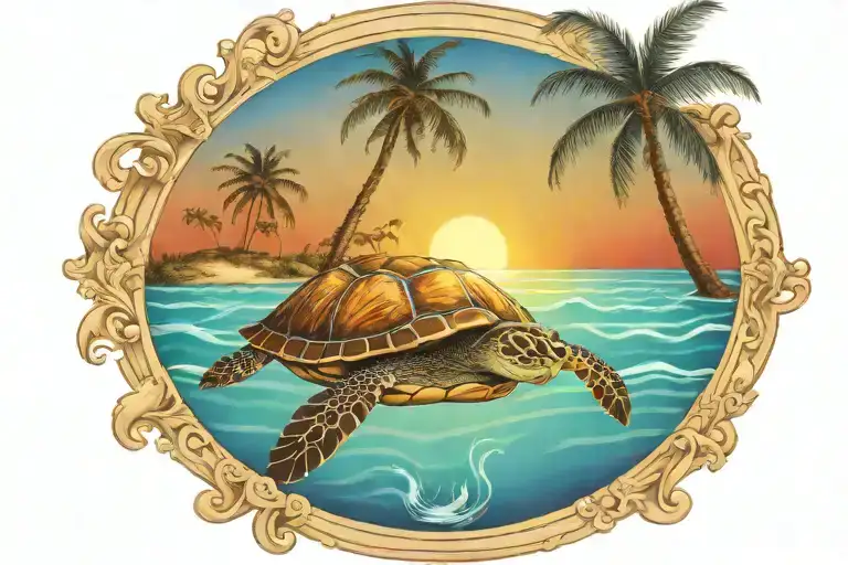 Turtle Sunset Palm Tree Ocean Scene