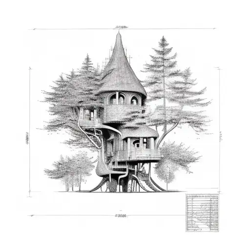 A Realistic Architectural Blueprint Of A Treehouse Nestled In A Lush Forest
