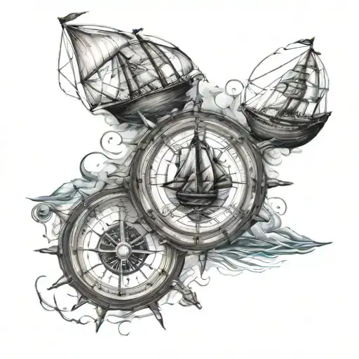 Small Ship Sailing With Two Sailors Compass Rose