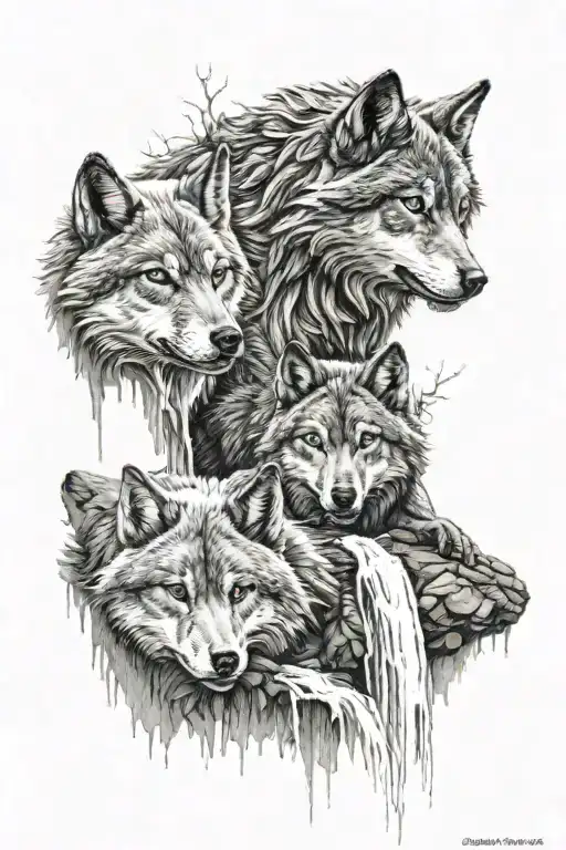 3 Shadow Wolfs Playing By Waterfall