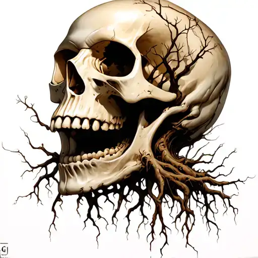 Skull With Tree Roots Growing From The Mouth Base