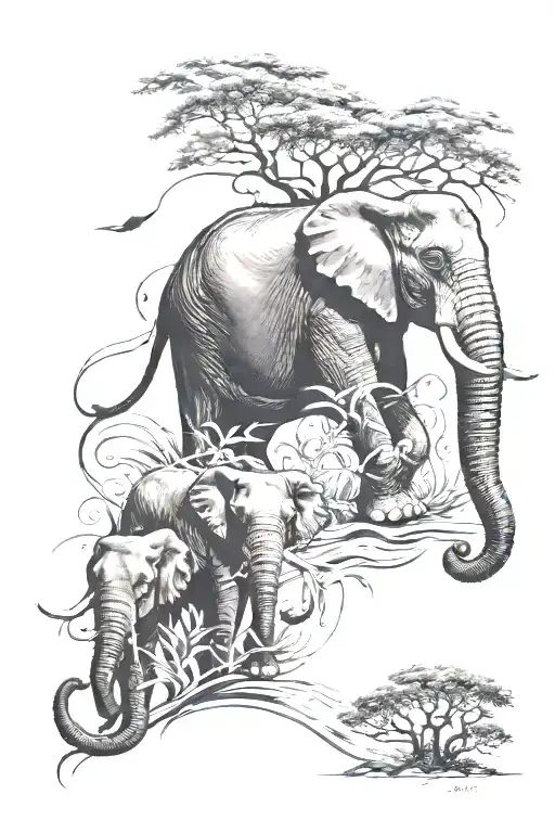 African Theme Leg Sleeve Elephants Horses Bow Their Heads