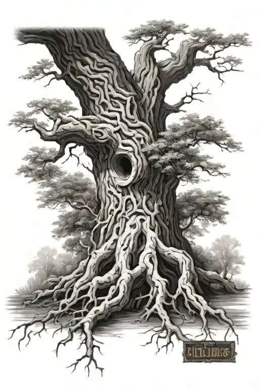 Tree With Villegas Incorporated In Trunk With Roots Growing Down