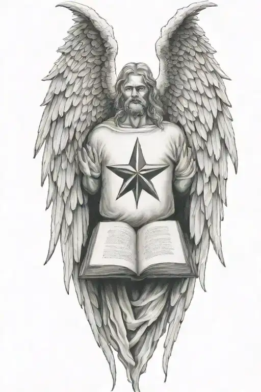 Northern Star Inside Angel Wings Holding Open Book Surrounded