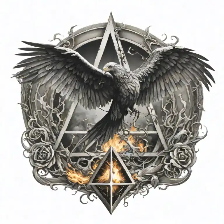 Deathly Hallows With Pheonix Bird Rising From Ashes