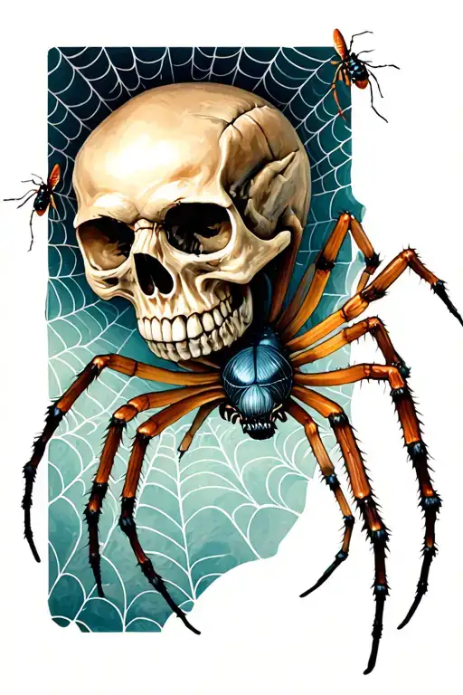 Skull Spider In Web With Bugs