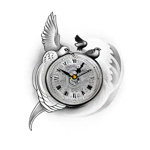 Clock With Hourglass With Dove Birds