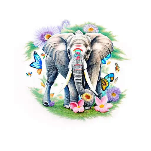 Elephant With Flowers And Butterflies