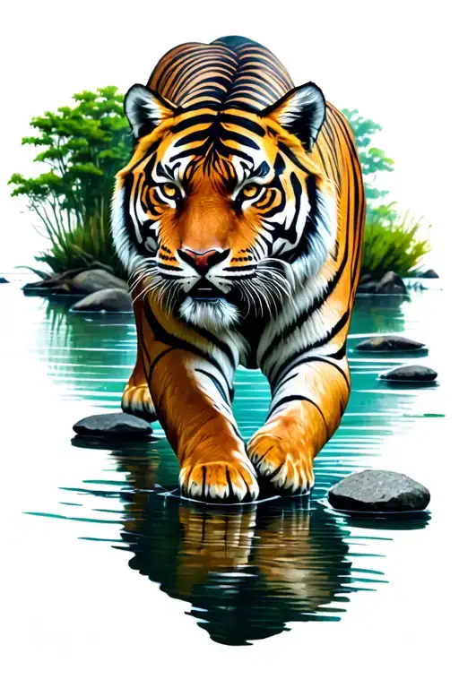 A Model Of A Tiger Walking On Stones In The Lake