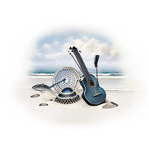 A Beach Scene With Musical Instruments Scattered On The Sand
