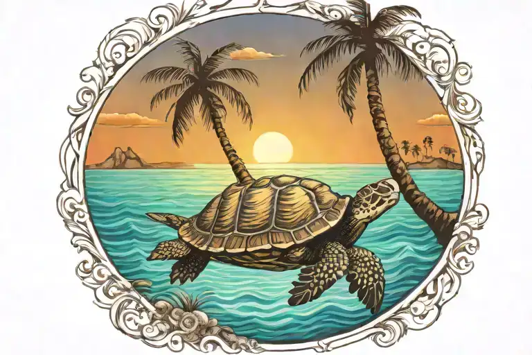 Turtle Sunset Palm Tree Ocean Scene
