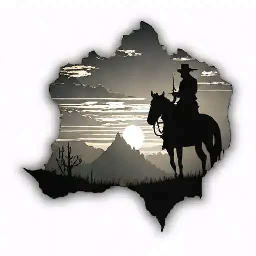 A Majestic Mountain Range With A Silhouette Of A Cowboy On Horseback