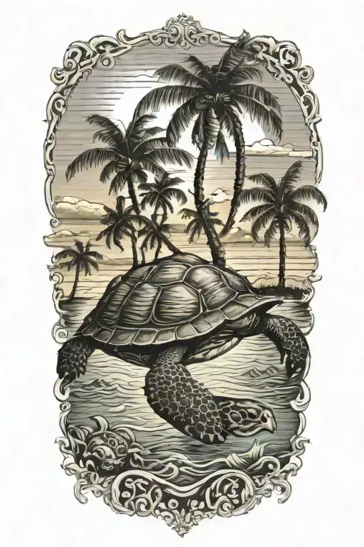 Turtle Sunset Palm Tree Ocean Scene