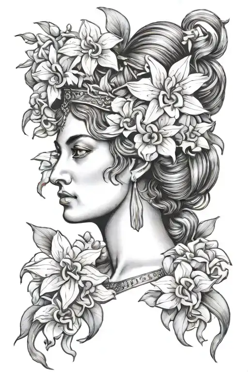 Greek Head Surrounded By Orchid Flowers In Her Hair And Philigry Head Piece
