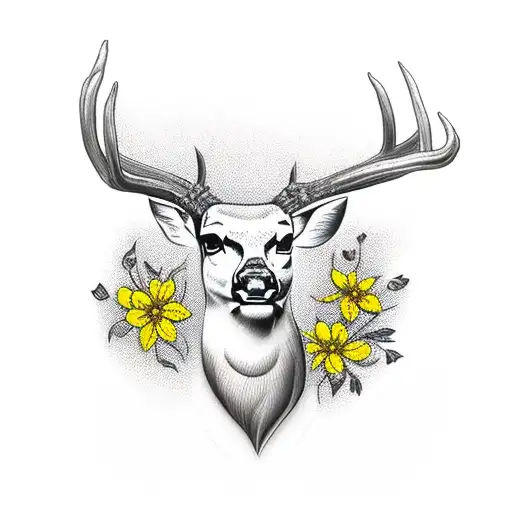 Deer Head With Yellow Flowers And Straight Razor