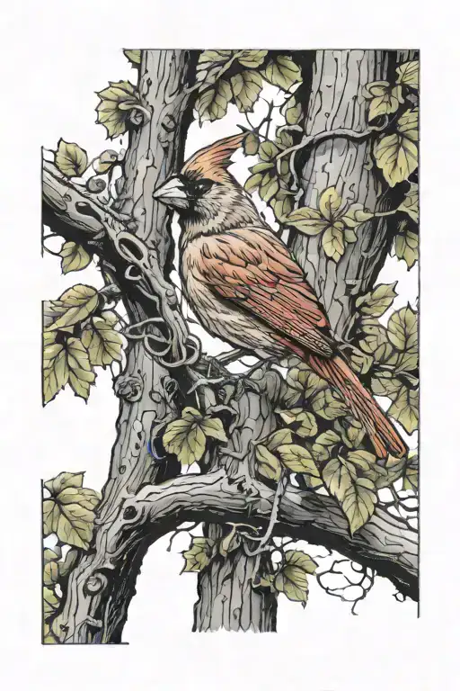 A Cardinal Perched On A Tree Branch With A Hunting Rifle Leaning Against The Trunk
