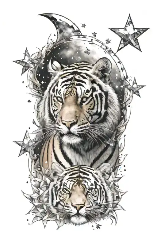 Tiger And Moon Surrounded By Stars