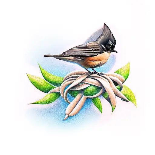 Design A Realistic Tattoo Of A Fantail Bird Perched On A Traditional Maori Weaving Loom