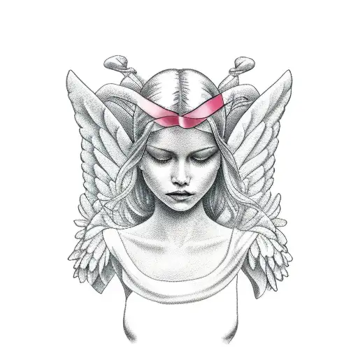 Praying Female Angel With Cancer Ribbon