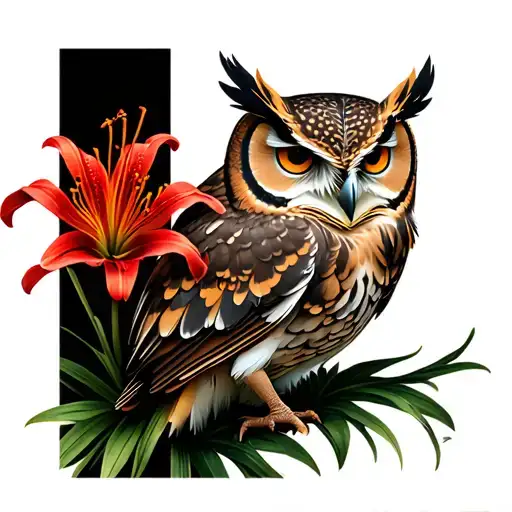 Owl And Red Spider Lily Flower
