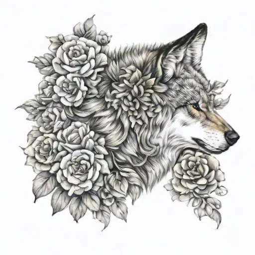 Wolf Back Tatoo Surrounded By Flowers