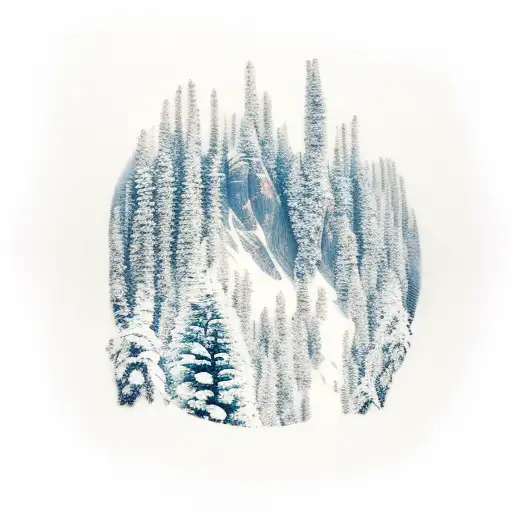 A Tattoo Of A Mountain Range Rising Above A Snowy Pine Tree Forest