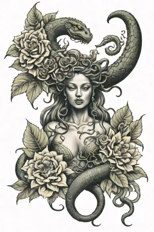 Full Body Medusa With Large Snake Wrapping Around Body Surrounded By Roses Lilies And Sunflowers