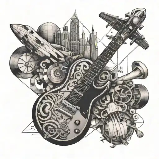 A Geometric Design Incorporating Musical Instruments And Airplane Parts In A Blackwork Style