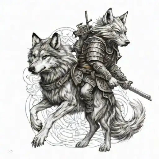 An Intricate Design Of A Wolf And Samurai Locked In Combat Symbolizing Inner Strength